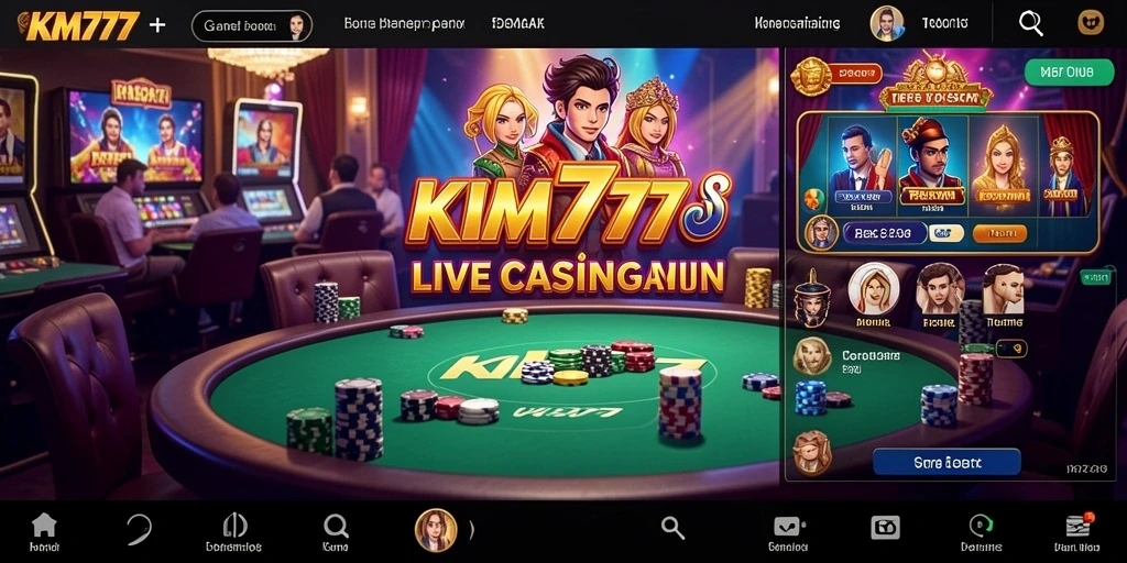 Screenshot gameplay KM777 dengan dealer langsung dan suasana kasino nyata.