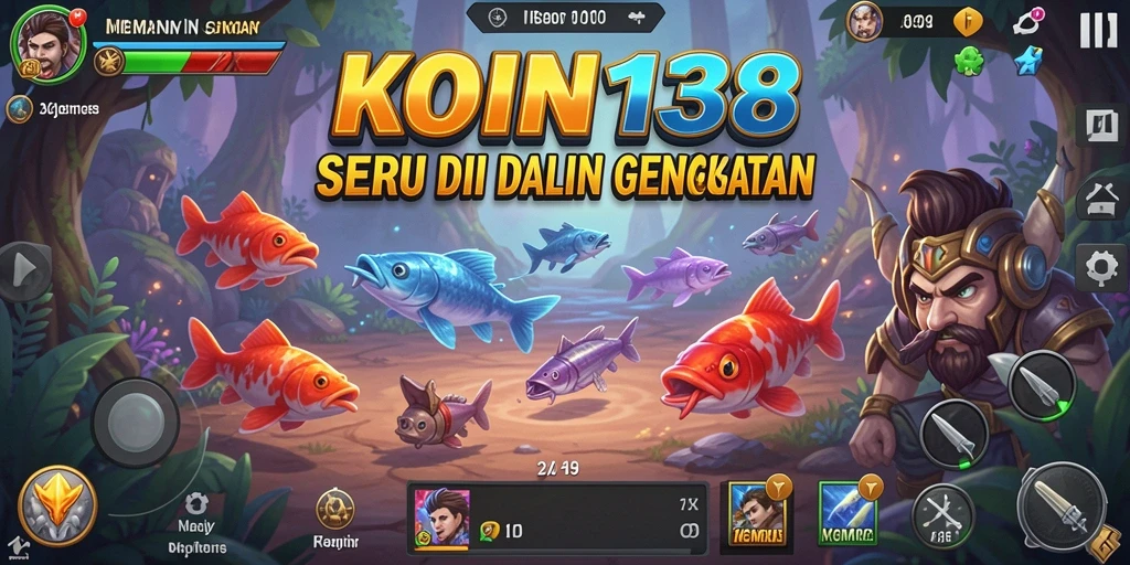 Tampilan gameplay KOIN138 dengan berbagai jenis ikan dan alat pancing.
